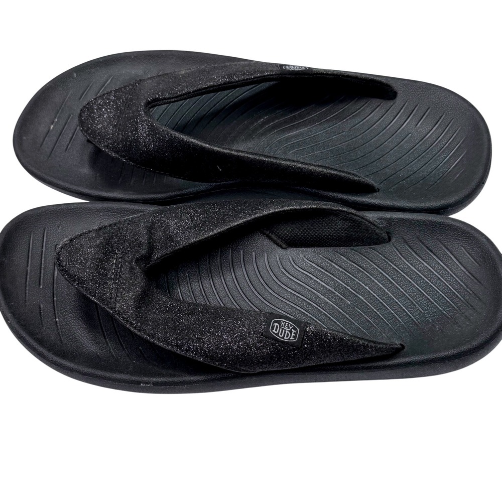 Hey Dude Meg Flip Flops Women 11 Black Glitter Thong Sandals 40123-0WH Casual
